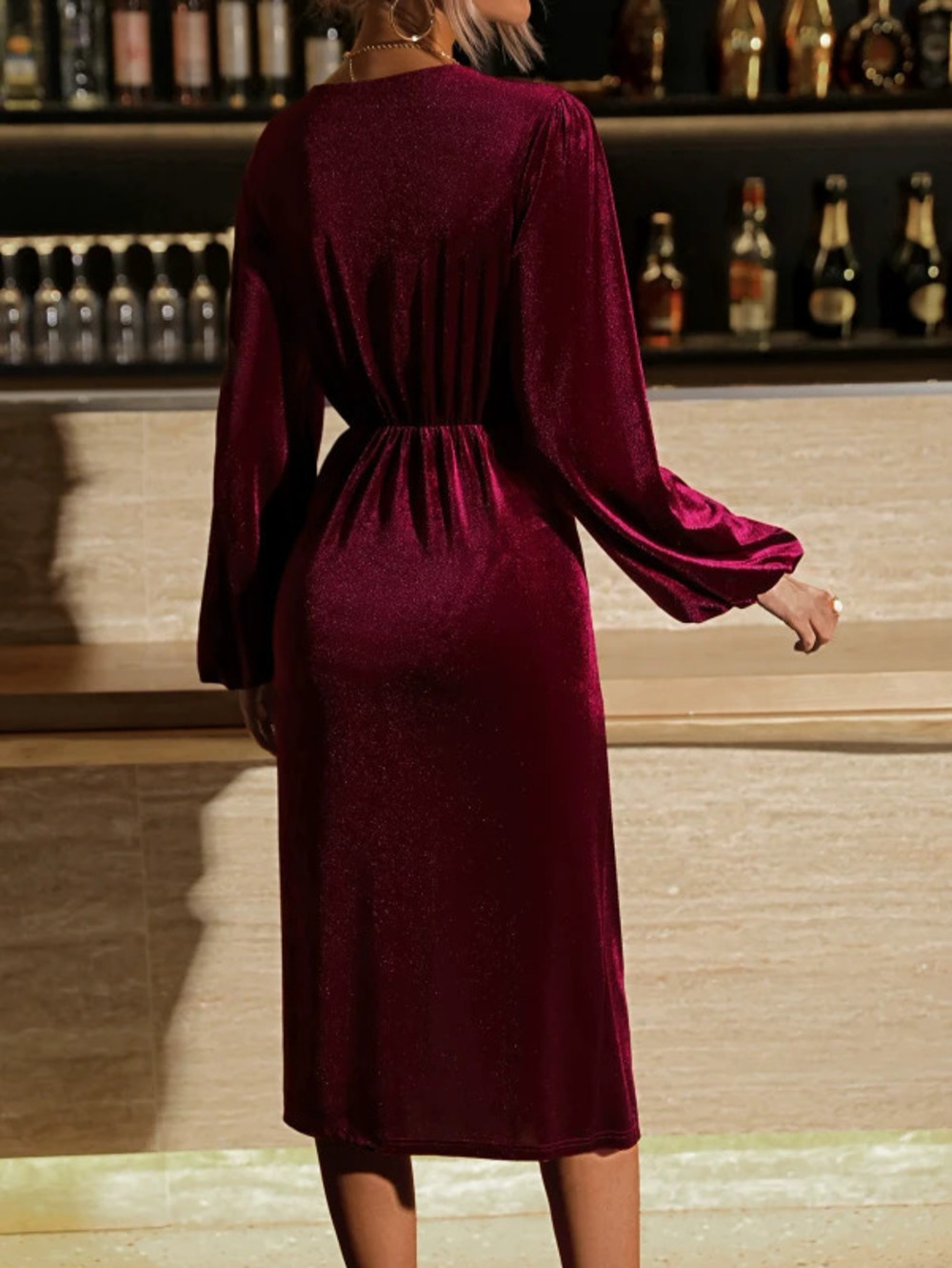 ZARA Sexy Velvet Midi Dress Long Sleeve Leg Slit Evening Gown
